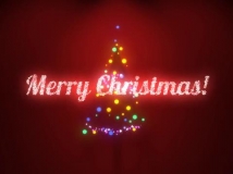 闪烁着音乐彩灯的圣诞树和美好的文字祝福