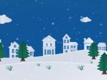 可爱卡通小镇和云朵天空的圣诞贺卡